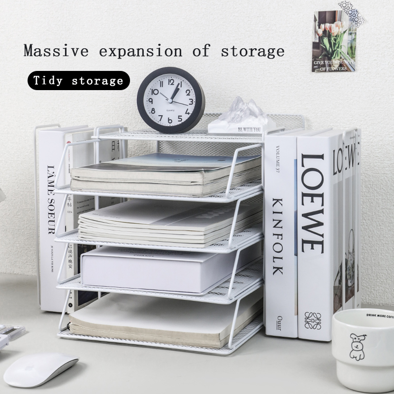 Tech Office Accessories - ที่เก็บโต๊ะและอุปกรณ์เสริม, กล่องเก็บถาดกระดาษไว้วางใจ 4 ชั้นพร้อมที่ใส่แฟ้ม, ที่เก็บโต๊ะเครื่องใช้สํานักงาน, ที่เก็บโต๊ะ