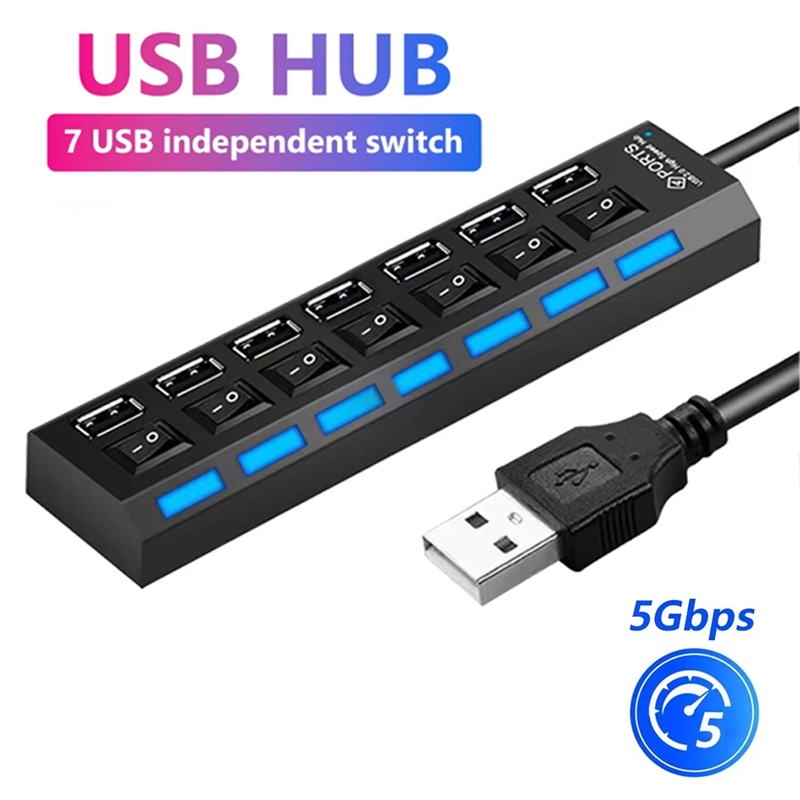 Usb Hub 7 Port - 7 พอร์ตยูเอสบี 2.0 ฮับสปลิตเตอร์สำหรับแล็ปท็อปอุปกรณ์เสริมคอมพิวเตอร์ไฟ LED แสดงสถานะควบคุมอิสระอุปกรณ์เวิร์กสเตชันสำหรับสำนักงานที่บ้าน